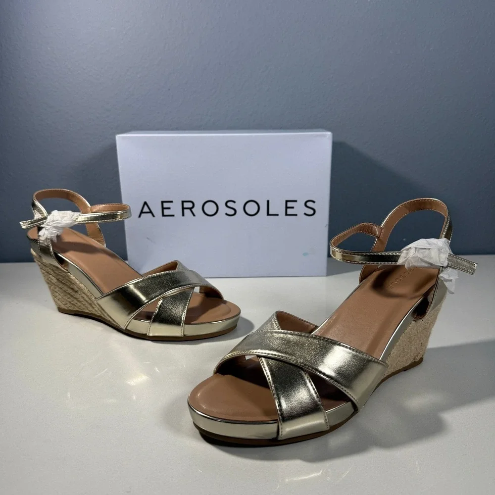 Aerosoles‎ Pastel Womens Soft Gold Metallic Espadrille Wedge Sandals 10M